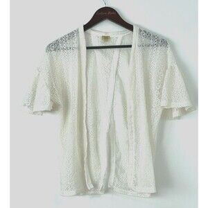 True Craft Womens Size L Lace Short Flutter Sleeve Open Cardigan Cream 1345H